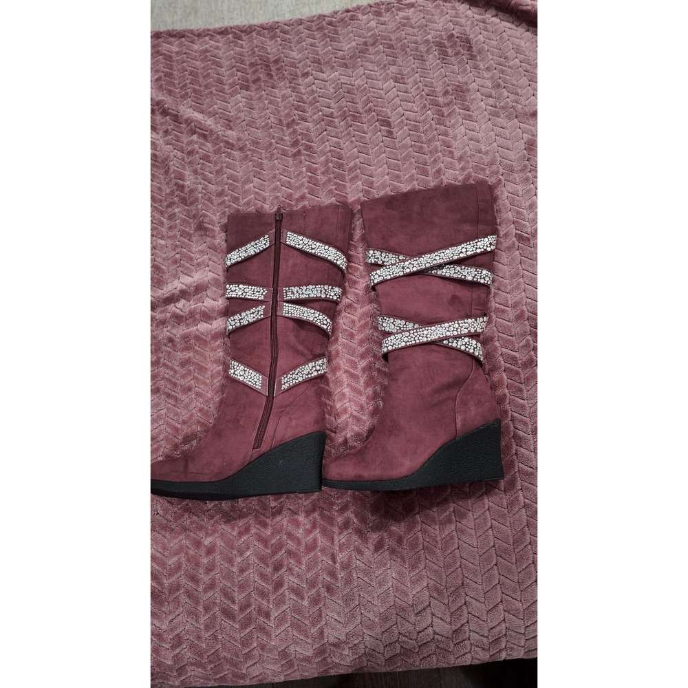 Burgundy Faux Suede Rhinestone Strap Wedge Mid-Calf Boots 7.5M 201726